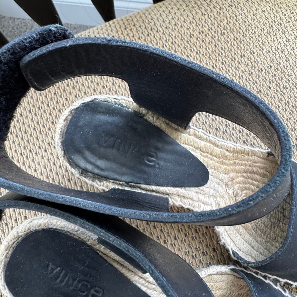 Vince Black Leather Espadrille Wedge Sandals Size 6 - Picture 3 of 13
